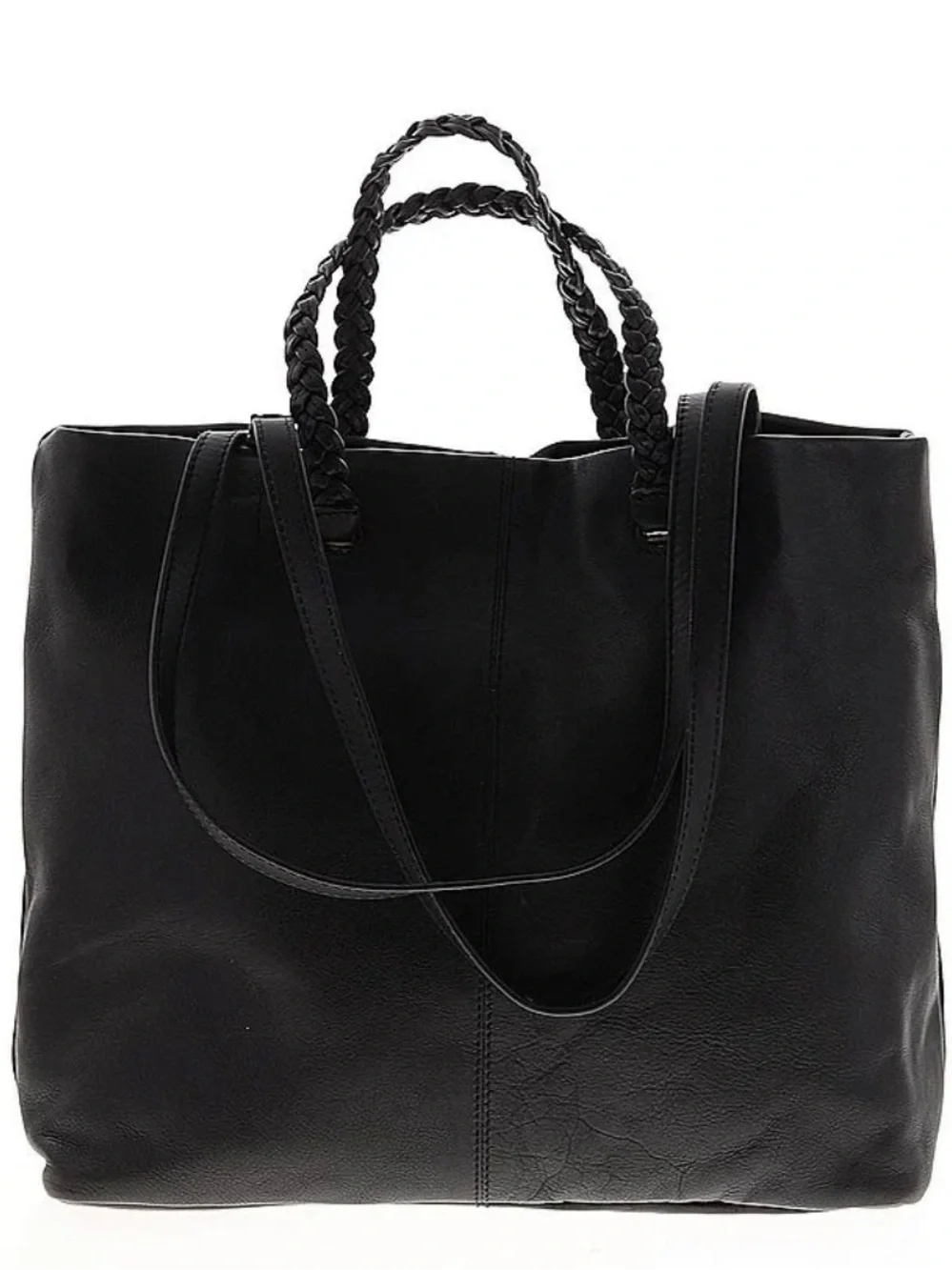 Lucky Brand Black Leather Tote Bag with Braided Handles EUC